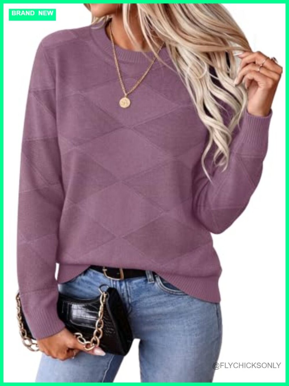 Womens Crewneck Pullover Sweater Diamond Pattern Long Sleeve Knit Top